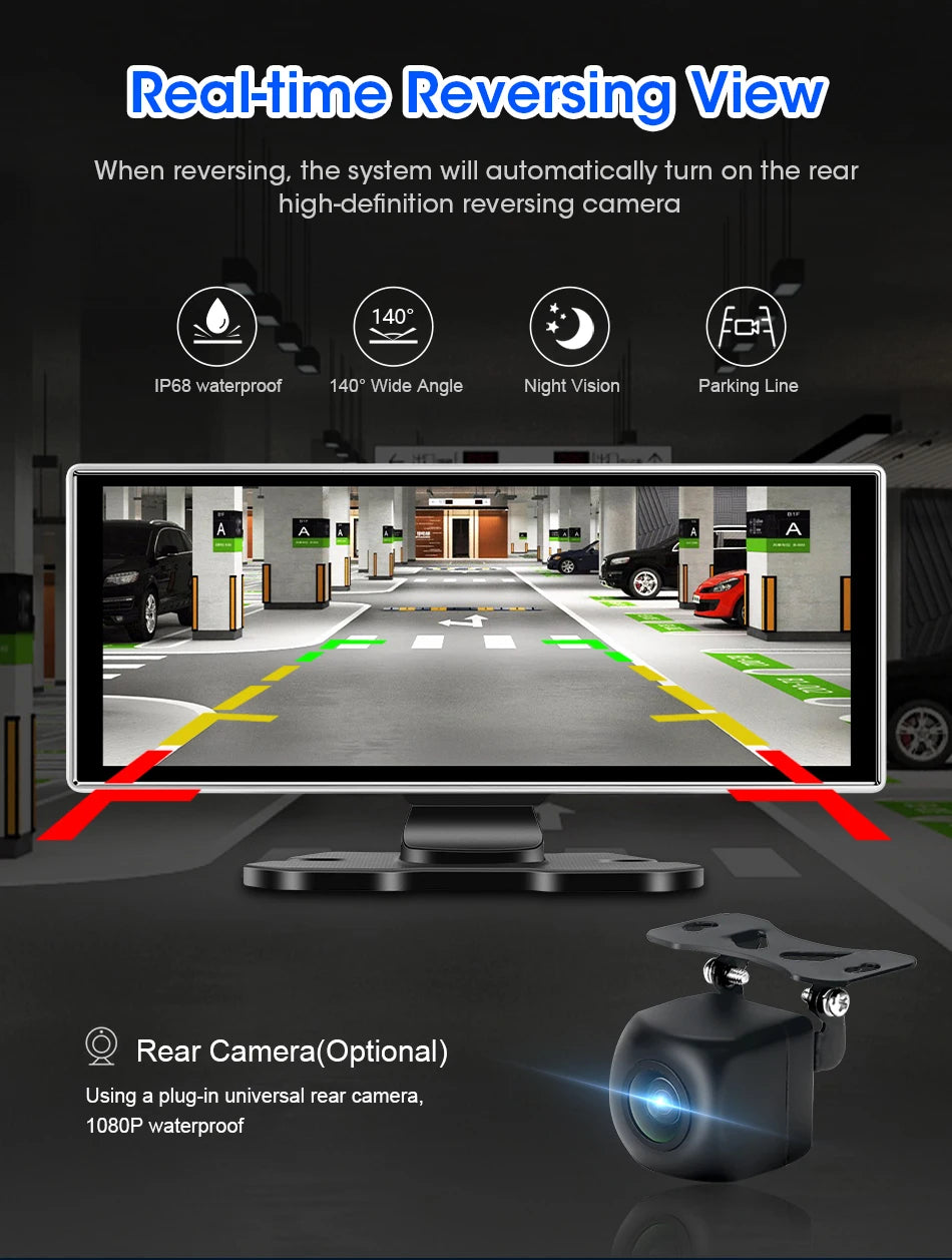 10/11.26 inch Dash Cam 4K Car DVR Wireless Carplay & Android Auto GPS Navigation Video Recorder Dashboard Dual Lens Wifi FM AUX