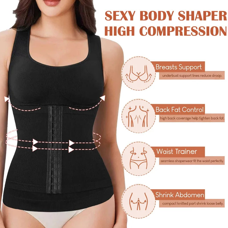 1PC Highly Elastic Women'S 3in1 Camisole Seamless Waist Trainer Removable Bra Pad Hook Adjustable Tummy Control Shaping Tank Top