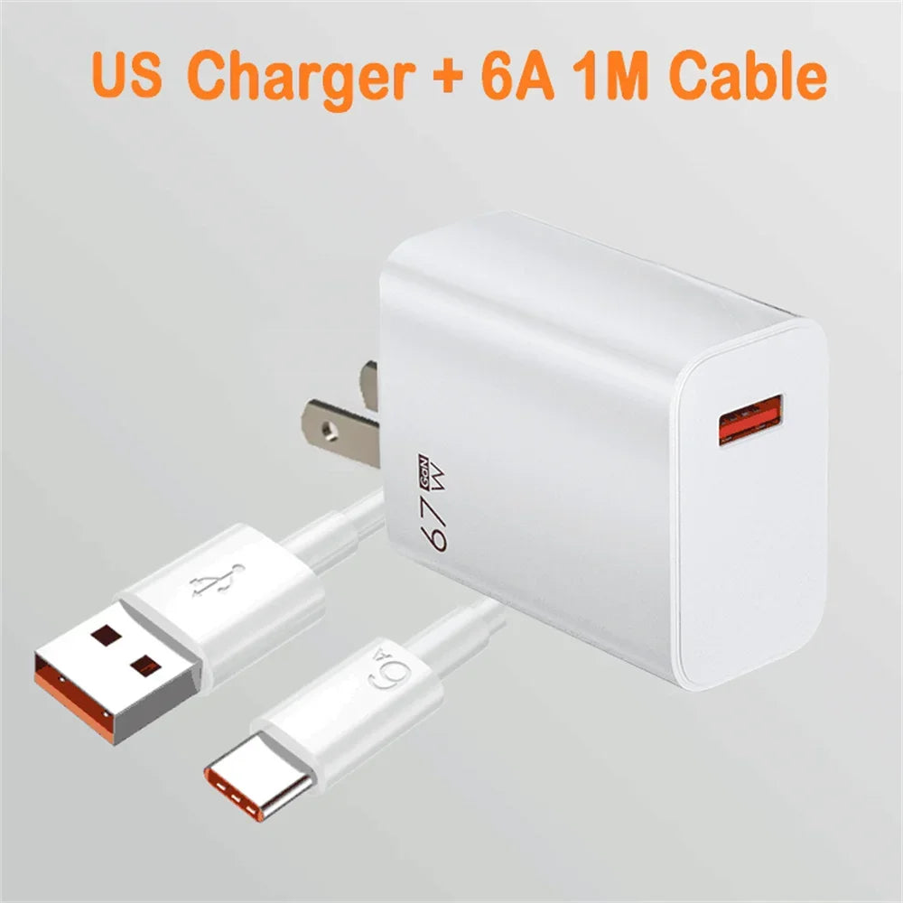 Total 67W USB GaN Charger Fast Charging Wall Phone Adapter 6A USB to TypeC Cable Quick Charge 3.0 Plug For iPhone Samsung Xiaomi