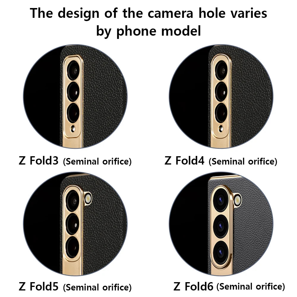 LANGSIDI Leather Case for Samsung Galaxy Z Fold 6 5 4 3 Fold6 Fold5 Gold Plating Magnetic Hinge Stand Cover with Mirror Film