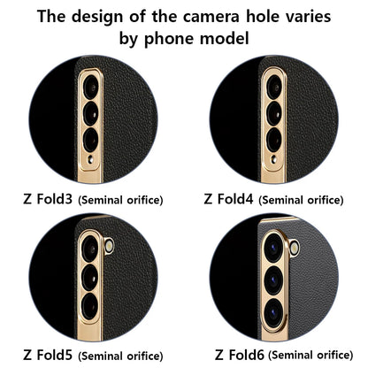 LANGSIDI Leather Case for Samsung Galaxy Z Fold 6 5 4 3 Fold6 Fold5 Gold Plating Magnetic Hinge Stand Cover with Mirror Film