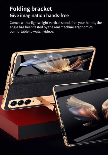 LANGSIDI Leather Case for Samsung Galaxy Z Fold 6 5 4 3 Fold6 Fold5 Gold Plating Magnetic Hinge Stand Cover with Mirror Film