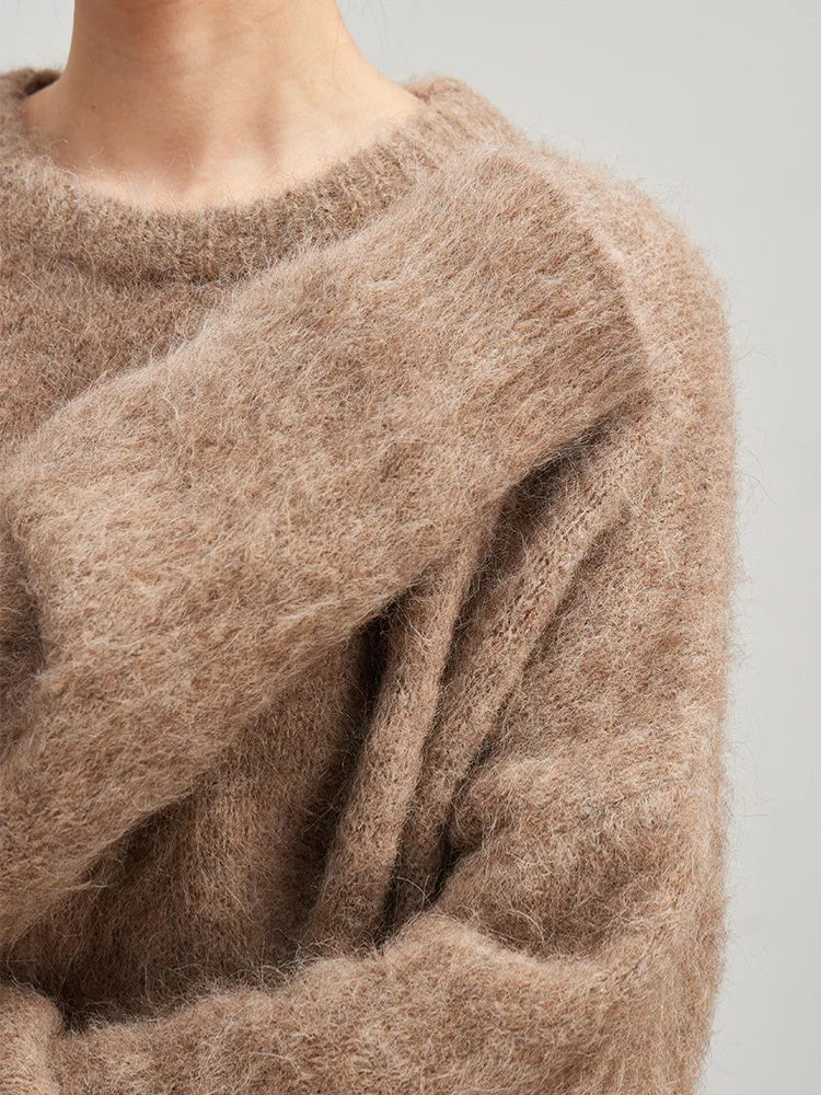 SuyaDream Warm Alpaca Pullovers for Woman, Dropped Sleeved Loose Sweaters, 2025 Fall Winter Top, Camel, Beige