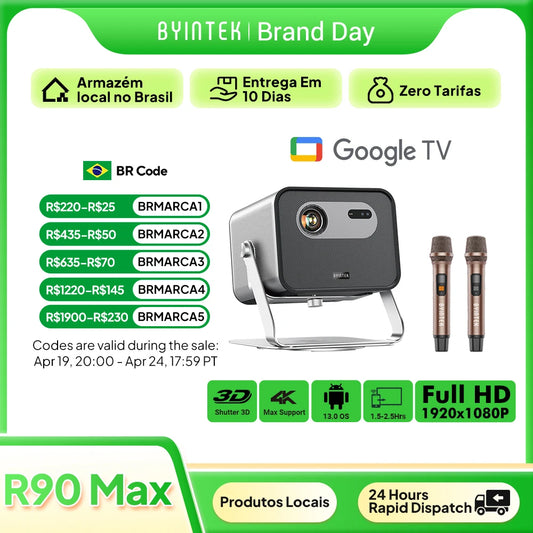 BYINTEK R90 Max Full HD 1080P Projector 4K DLP 2200 ANSI Lumens Android TV 11.0  3D 4K Supported Smart  Home Theater  Projector