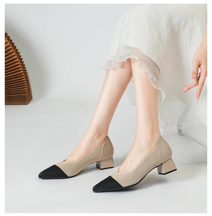 2025 New Women's High Heels Large 42/43 Fashion Pointed Anti slip Rubber Bottom Knitted Breathable Shoes