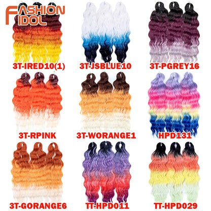 FASHION IDOL 24Inch Crochet Hair Synthetic Water Wave Braiding Hair Extensions Ombre Rainbow color Fake Hair Deep Wave Curl Hair