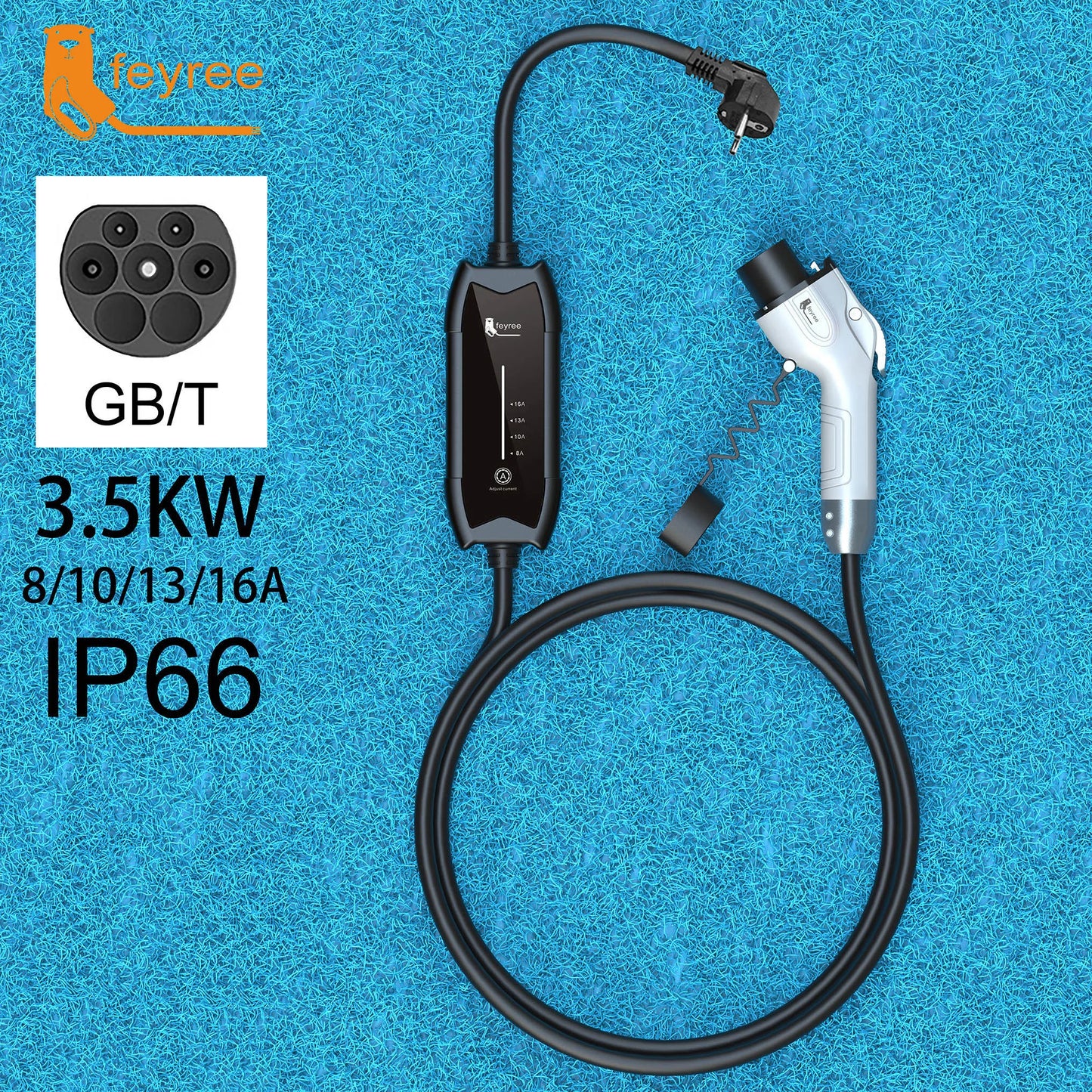 feyree EV Charger Type2 16A 3.5KW 1Phase GB/T / Type1 Current Adjustable 3.5m Cable Portable Charging Box for Electric Vehicle