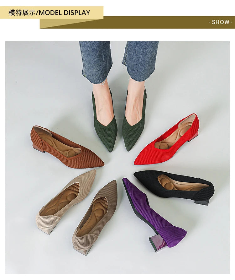 2025 New Women's High Heels Large 42/43 Fashion Pointed Anti slip Rubber Bottom Knitted Breathable Shoes