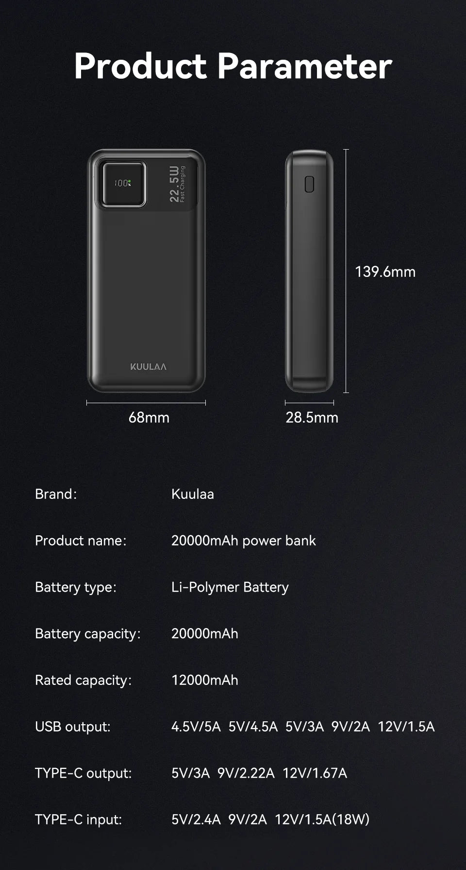 KUULAA 20000mAh Power Bank Portable External Battery 22.5W Fast Charging Portable Charger For iPhone xiaomi redmi poco Powerbank