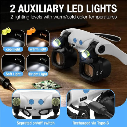 ABUP-Jewelers Magnifying Glass For Close Work, Glasses With Light& 5 Interchangeable Lens Pairs(2X 4X 6X 10X 13X), Includes Head
