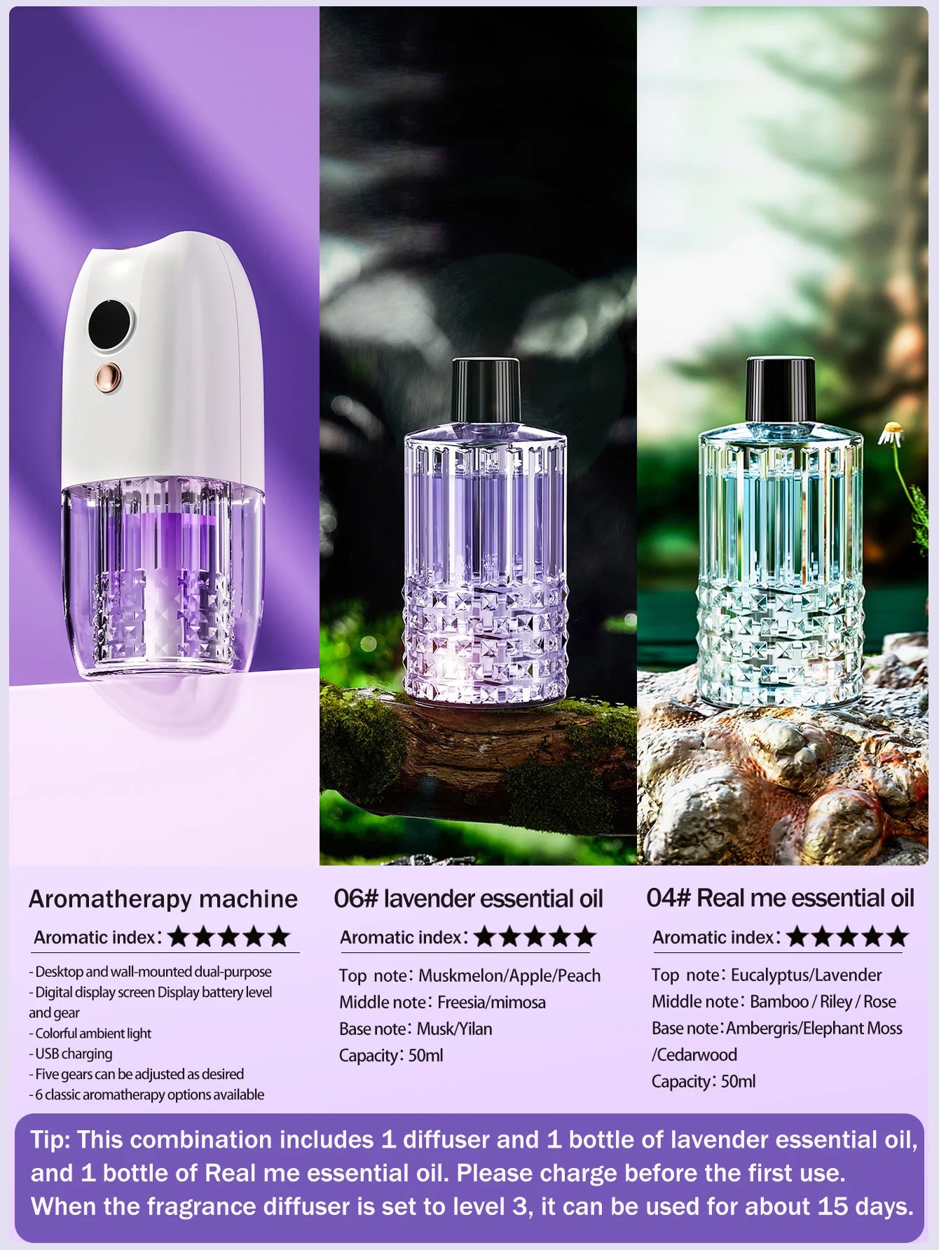 Multifunctional rechargeable portable essential oil diffuser Multiple aroma aromatherapy essential oils can be used in home cars