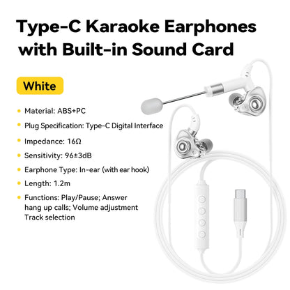 Essager Type-C Karaoke Earphones With Built-in Sound Card HiFi Stereo Music Wired Earbud Headset With Mic for Singing/Live/Game