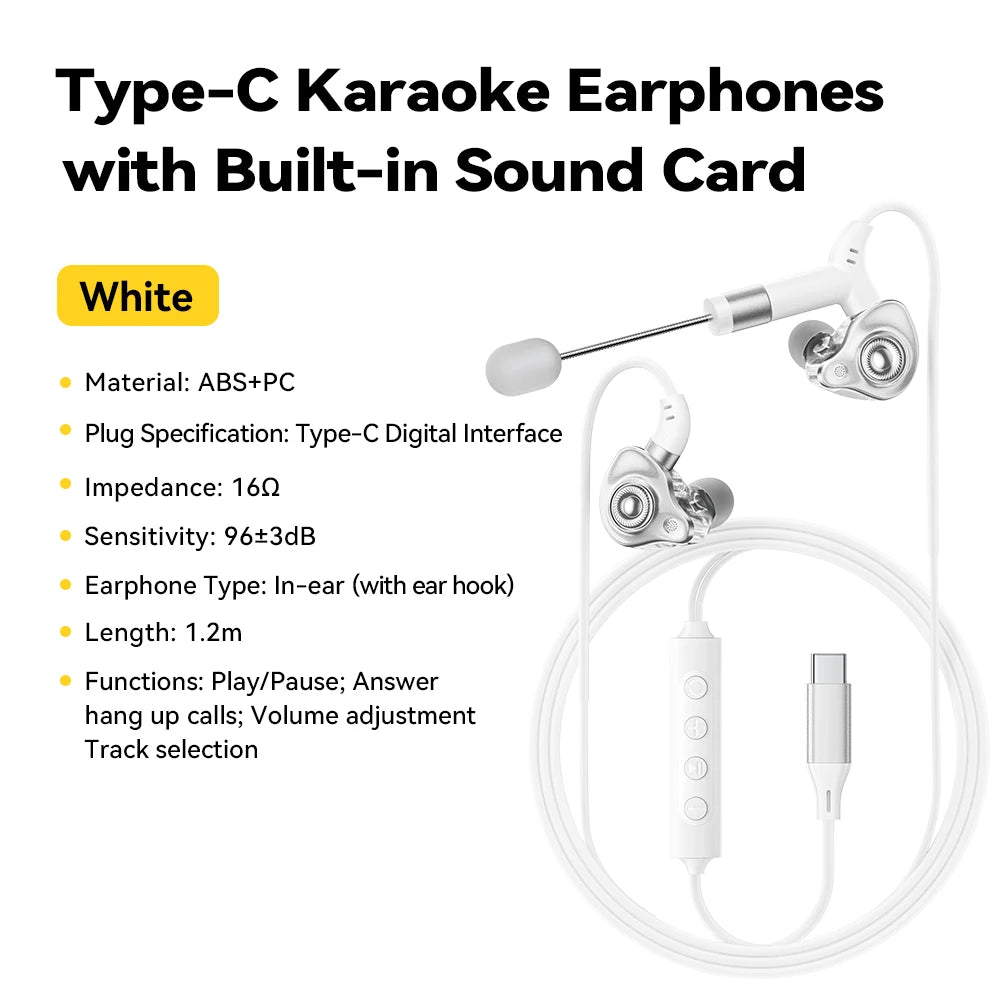 Essager Type-C Karaoke Earphones With Built-in Sound Card HiFi Stereo Music Wired Earbud Headset With Mic for Singing/Live/Game