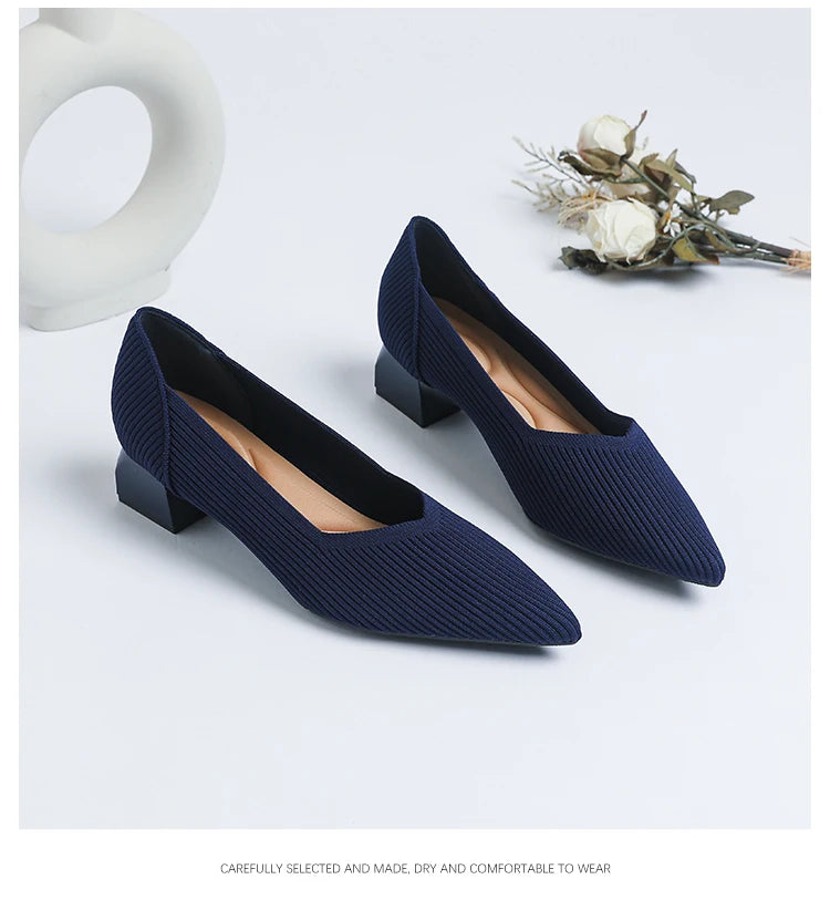 2025 New Women's High Heels Large 42/43 Fashion Pointed Anti slip Rubber Bottom Knitted Breathable Shoes
