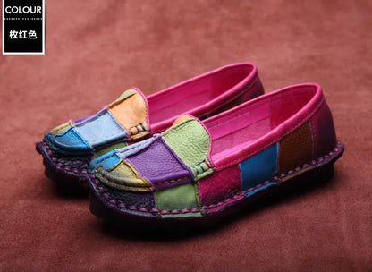 Koznoy 2.5cm Native Flats Shoes Women Natural Cow Genuine Leather Big Size Mixed Color Soft Soled Loafer Ethnic Moccasins Comfy