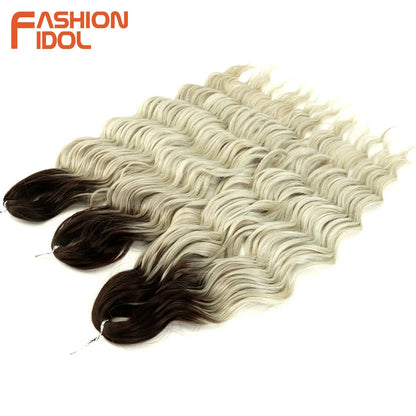 FASHION IDOL 24Inch Crochet Hair Synthetic Water Wave Braiding Hair Extensions Ombre Rainbow color Fake Hair Deep Wave Curl Hair
