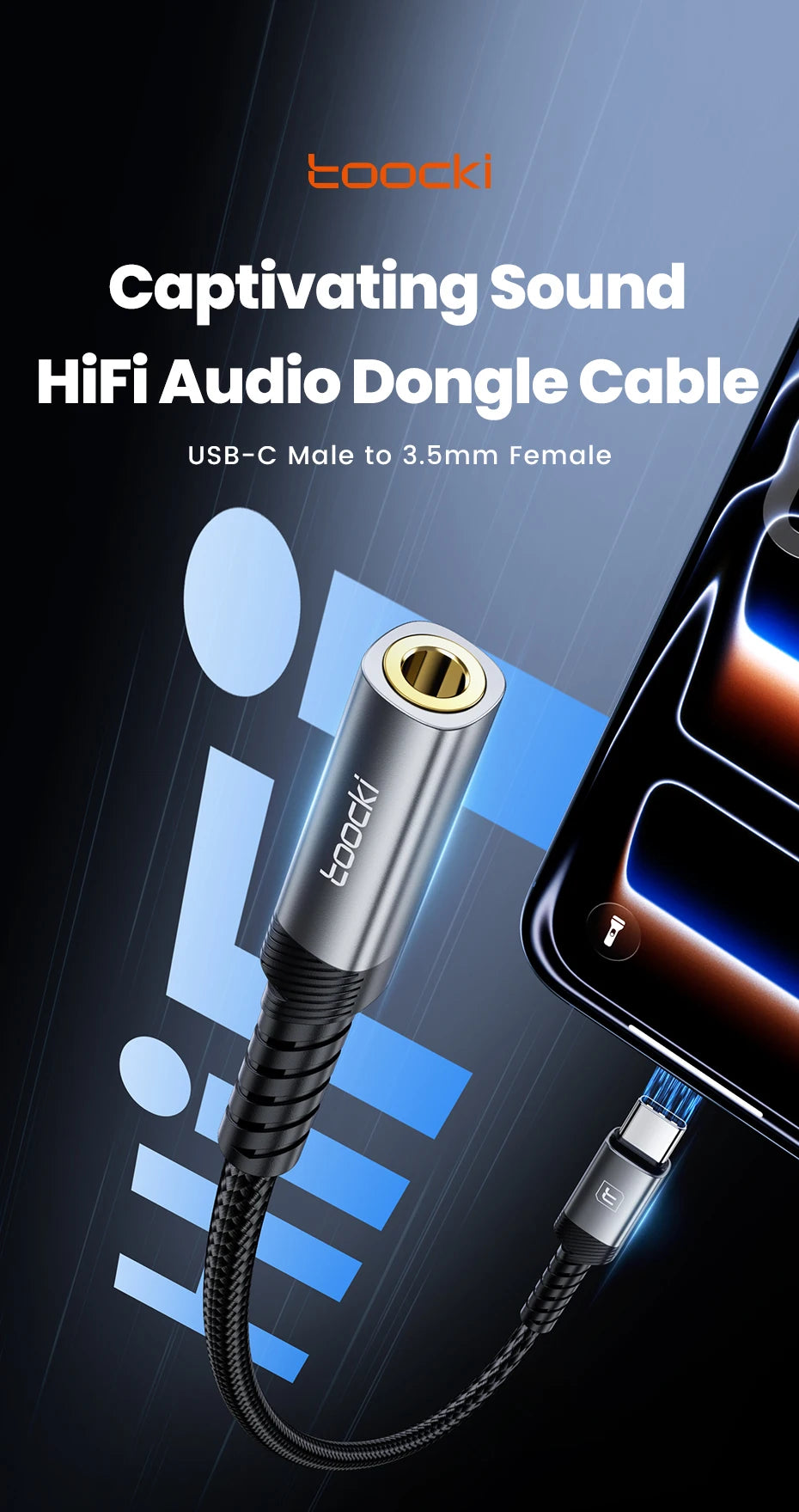 Toocki iP/USB Type C to 3.5mm Jack HiFi Audio Dongle Cable Adapter Male to Female Headphone AUX Converter for Xiaomi POCO iPhone