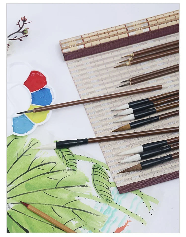 6/9/12/16Pcs Chinese Calligraphy Brushes Set with Roll-up Bamboo Brush Holder Sumi Painting Writing Kanji Art Watercolor Brush