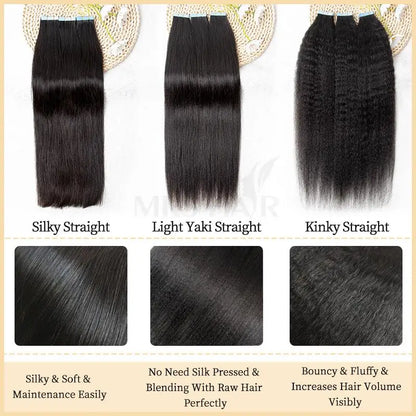 MRS HAIR Light Yaki Tape In Hair Extensions Human Hair Cuticle Remy Tape in Extensions SilkPressed Yaki Tape ins 12-26inch 20pcs