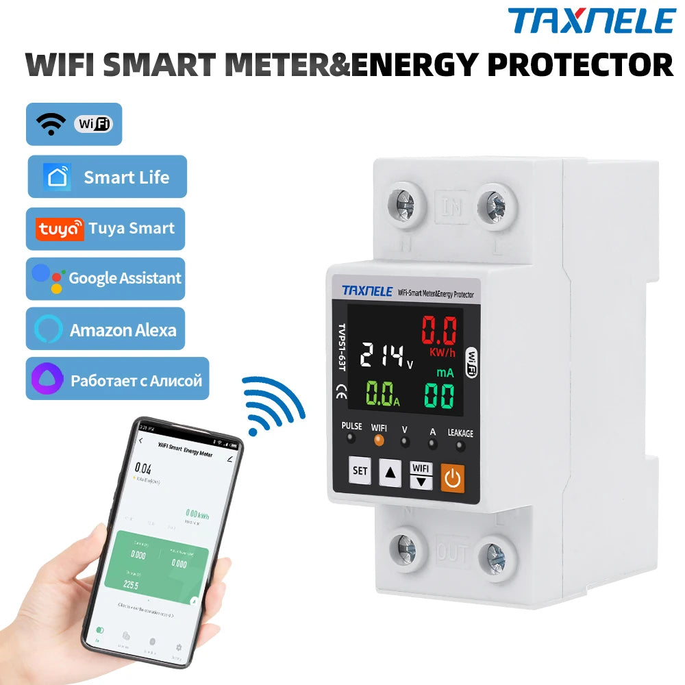 63A TUYA  WiFi Smart Earth Leakage Over Under Voltage Protector Relay Device Switch Breaker Energy Power kWh Meter Smart Life