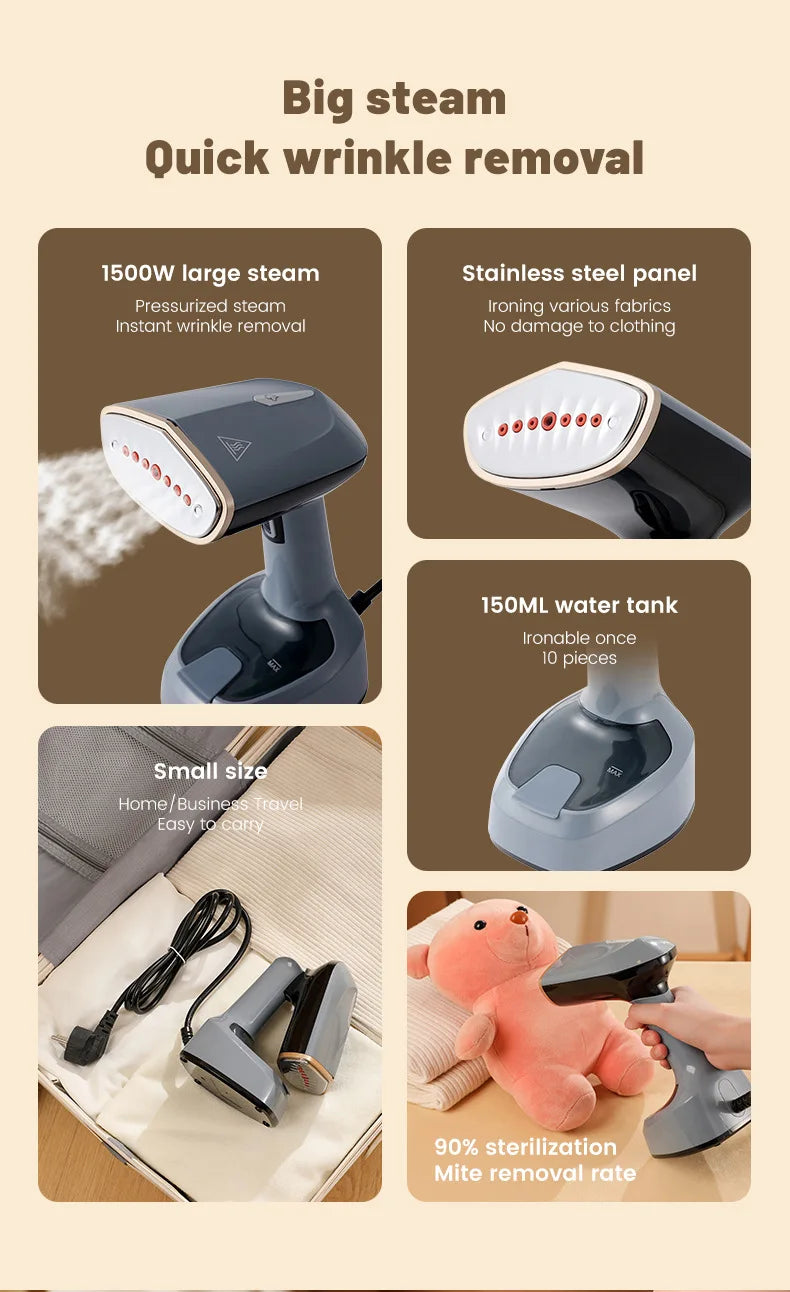 1500W Garment Steamers Fold Hand Holding Ironing Machine Fast-Heat Household Steam Handheld Fabric Steamer for Home Travelling
