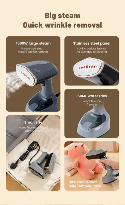 1500W Garment Steamers Fold Hand Holding Ironing Machine Fast-Heat Household Steam Handheld Fabric Steamer for Home Travelling