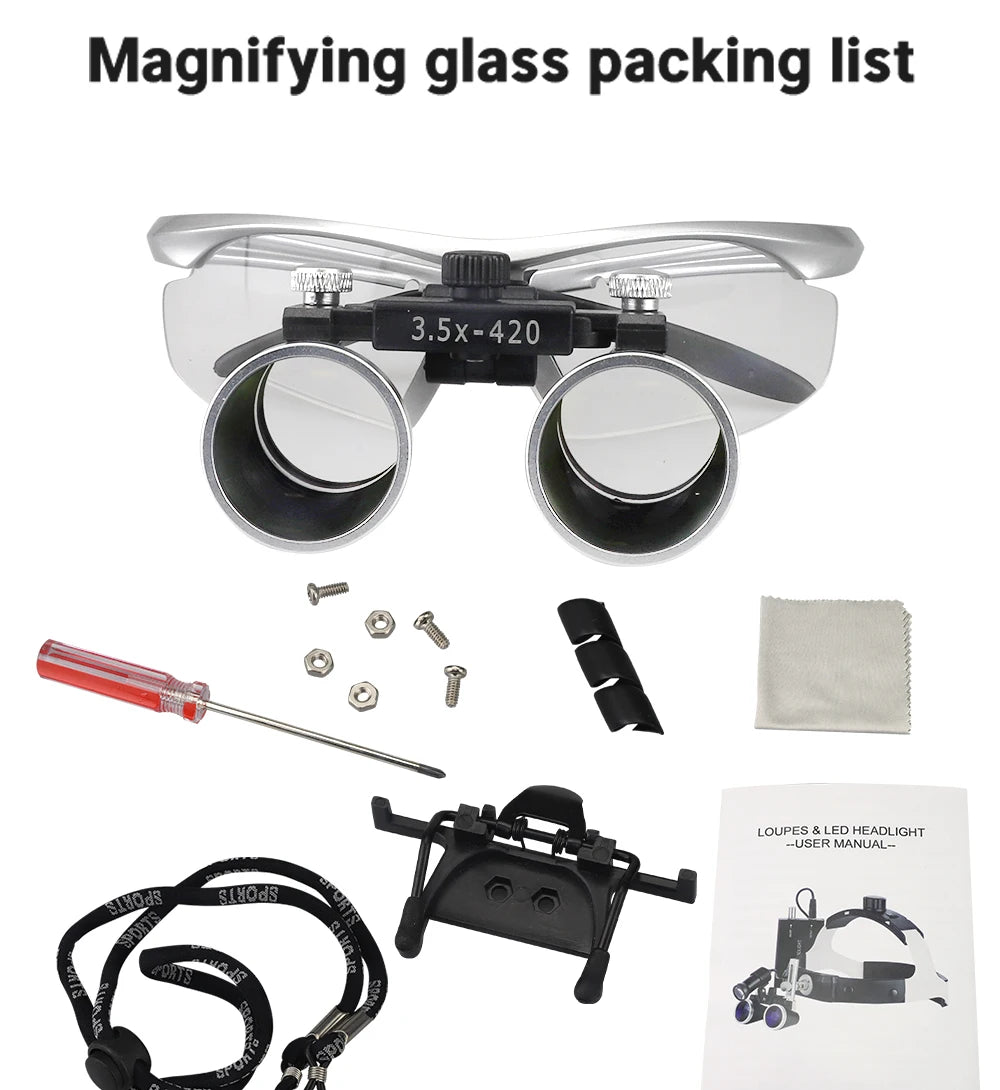 2.5X/3.5X 420mm Dental Loupe Magnifier Binocular Magnifier Surgery Surgical Operation Loupe with Spotlight Head Light 5W LED