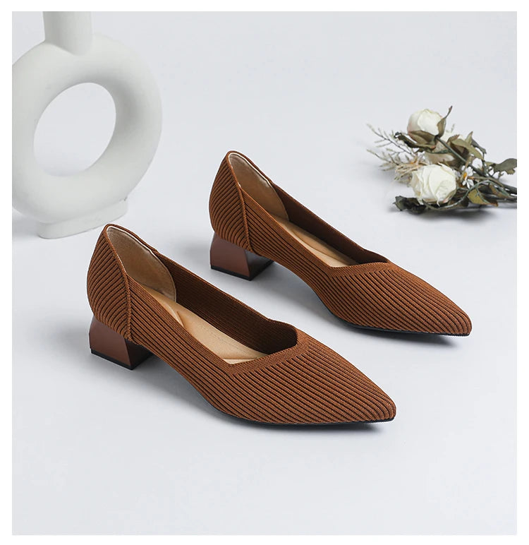 2025 New Women's High Heels Large 42/43 Fashion Pointed Anti slip Rubber Bottom Knitted Breathable Shoes