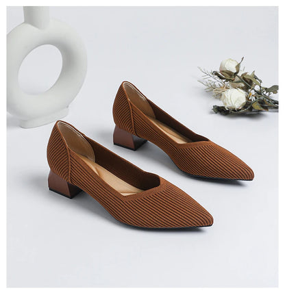 2025 New Women's High Heels Large 42/43 Fashion Pointed Anti slip Rubber Bottom Knitted Breathable Shoes