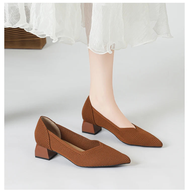 2025 New Women's High Heels Large 42/43 Fashion Pointed Anti slip Rubber Bottom Knitted Breathable Shoes