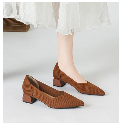 2025 New Women's High Heels Large 42/43 Fashion Pointed Anti slip Rubber Bottom Knitted Breathable Shoes