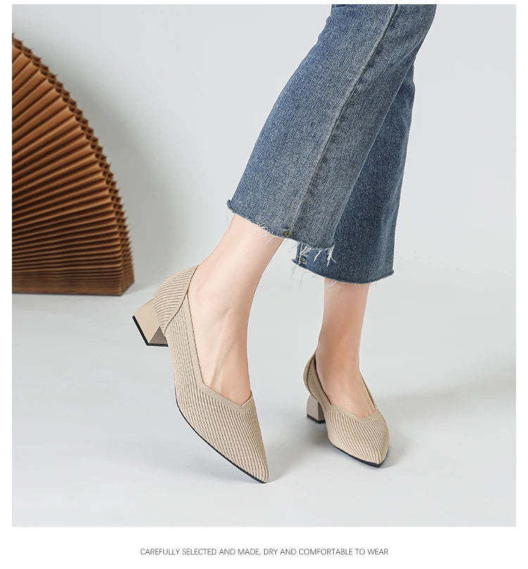 2025 New Women's High Heels Large 42/43 Fashion Pointed Anti slip Rubber Bottom Knitted Breathable Shoes