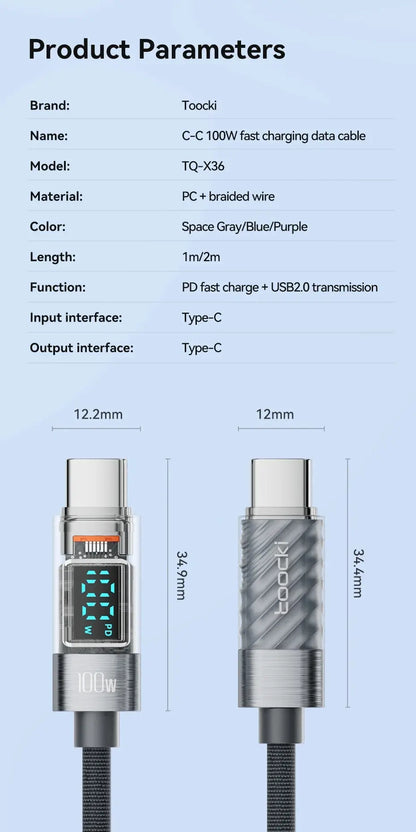 Toocki Type C to Type C Cable 100W PD Display Fast Charging Charger USB C to USB C Transparent Cable For Xiaomi Macbook