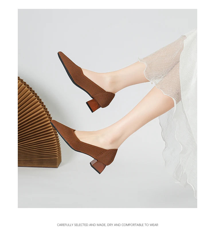 2025 New Women's High Heels Large 42/43 Fashion Pointed Anti slip Rubber Bottom Knitted Breathable Shoes