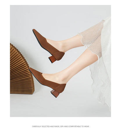 2025 New Women's High Heels Large 42/43 Fashion Pointed Anti slip Rubber Bottom Knitted Breathable Shoes