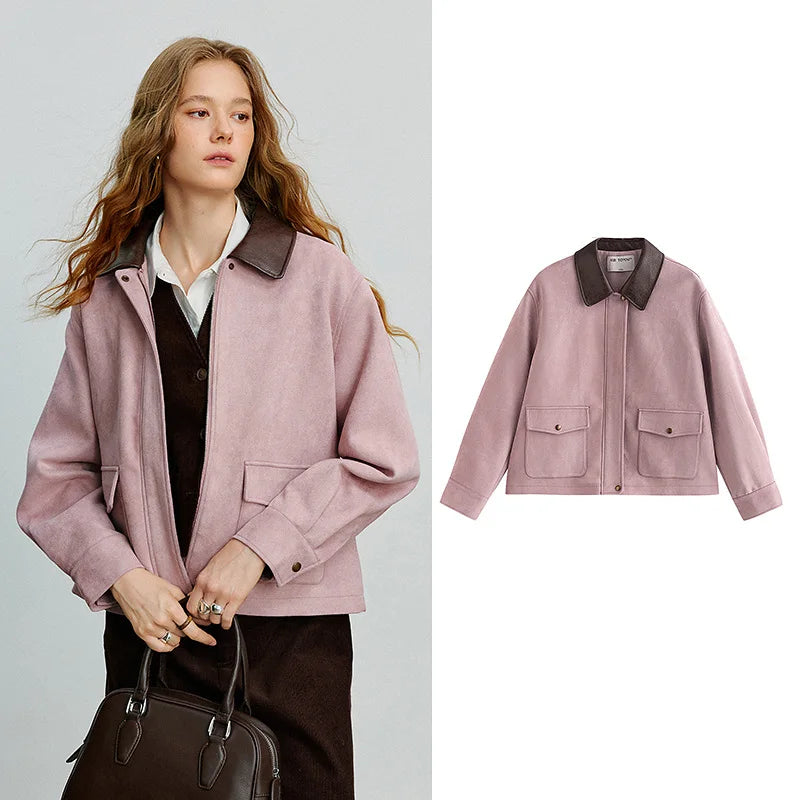 TOYOUTH Women Jacket coat 2025 Autumn New Vingtage Barn Style Suede Leather Patchwork Collar Jacket Brown
