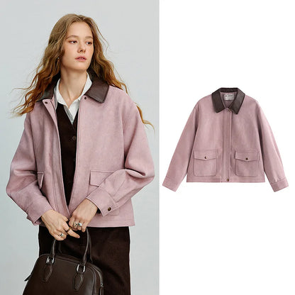 TOYOUTH Women Jacket coat 2025 Autumn New Vingtage Barn Style Suede Leather Patchwork Collar Jacket Brown