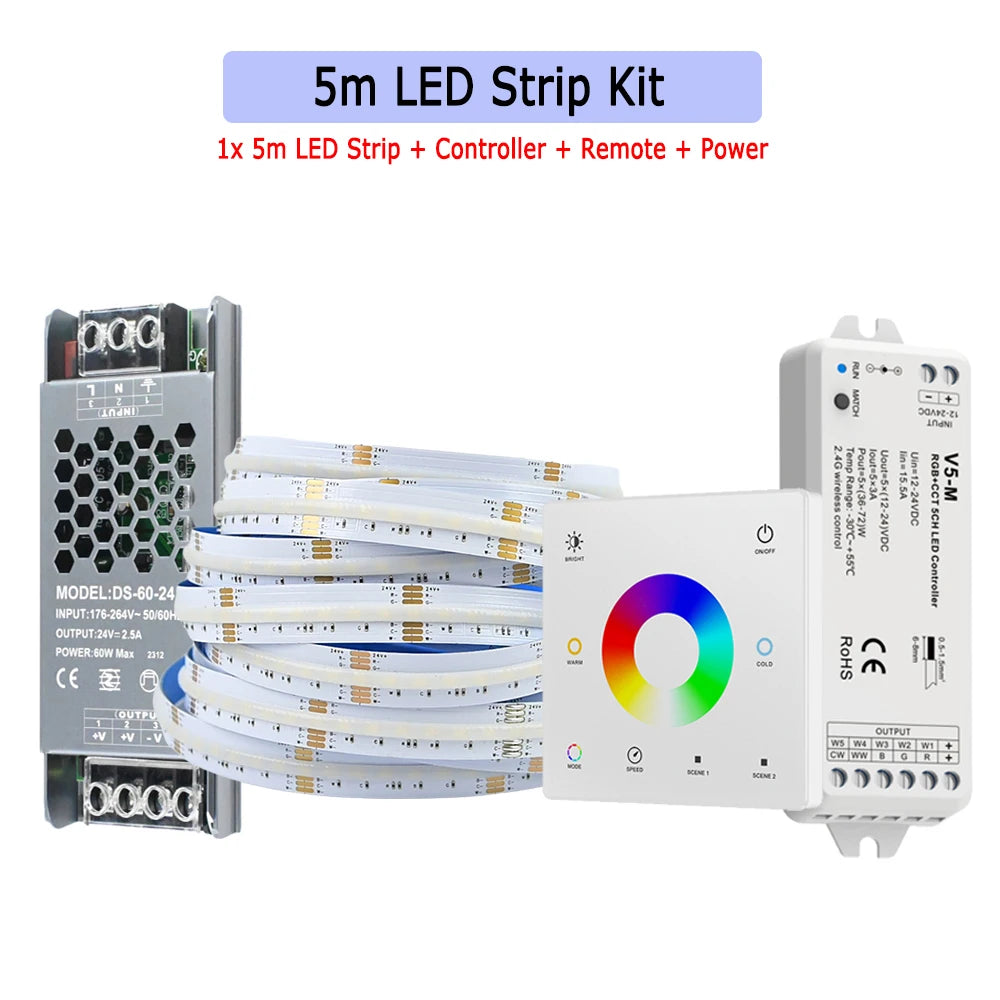 5M 10M 20M 24V COB RGB+CCT LED Strip Flexible Dimmable Room Cabinet Liner Light Bedroom Decor 2.4G RF Touch Panel Remote Control