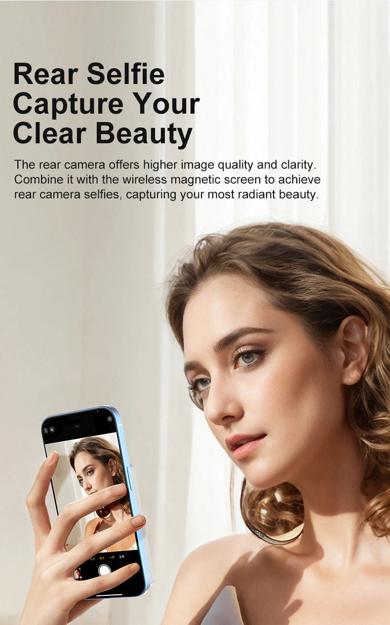 Magnetic Phone Monitor - Real-Time Selfie/Rear Cam - 4K Streaming Assistant - Wide Angle - Fits Most Phones