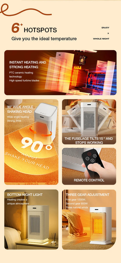 Portable PTC ceramic electric heater with multi-stage adjustment, silent, small household fan and night light heater.
