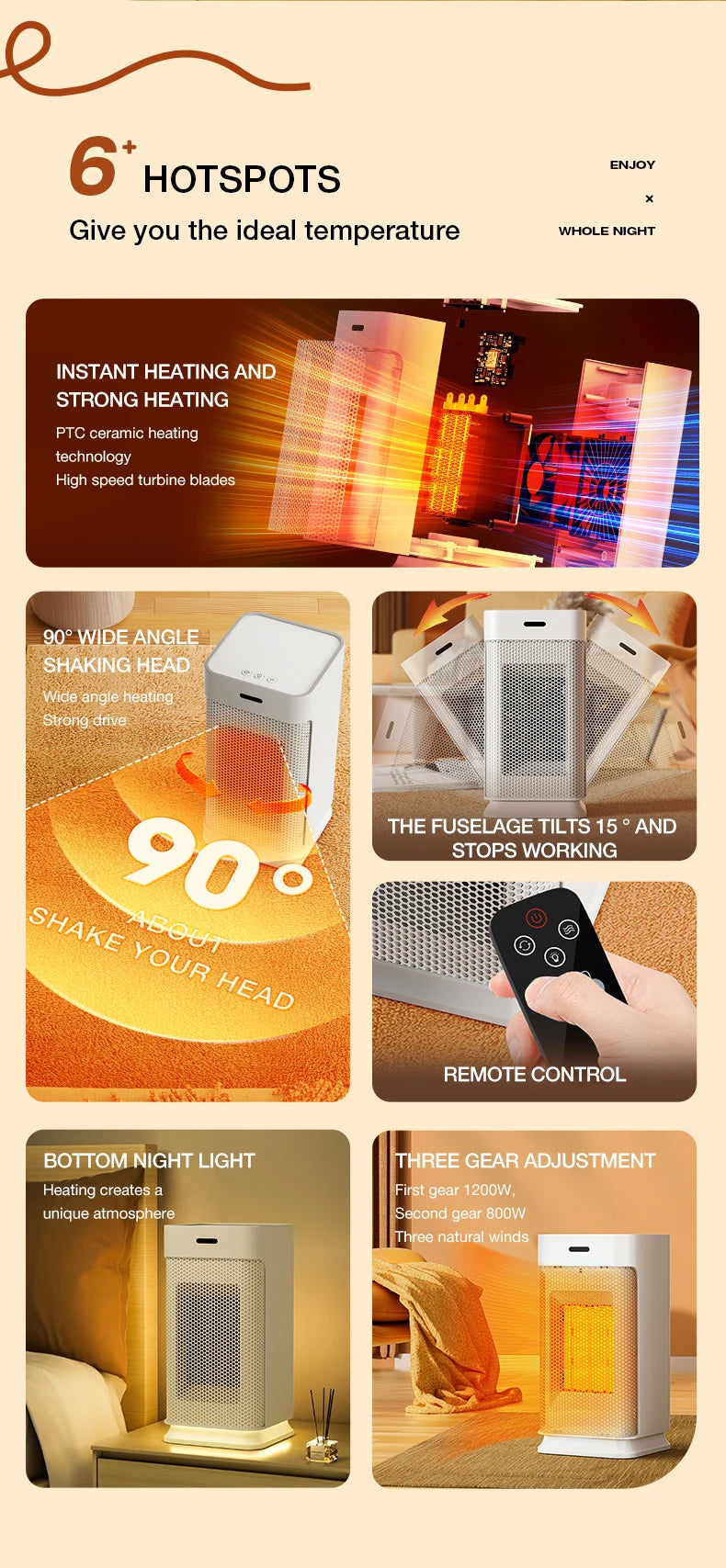 Portable PTC ceramic electric heater with multi-stage adjustment, silent, small household fan and night light heater.