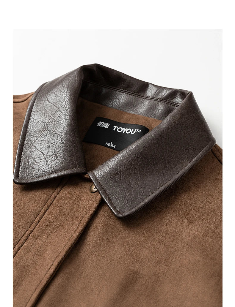 TOYOUTH Women Jacket coat 2025 Autumn New Vingtage Barn Style Suede Leather Patchwork Collar Jacket Brown