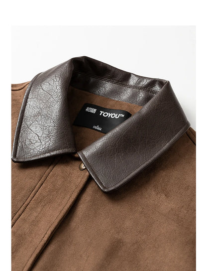 TOYOUTH Women Jacket coat 2025 Autumn New Vingtage Barn Style Suede Leather Patchwork Collar Jacket Brown