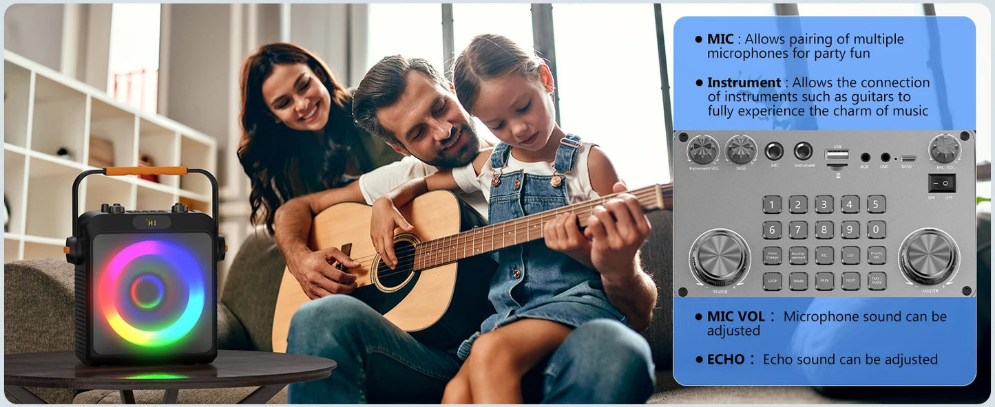 Karaoke Machine with 2 Wireless Microphones, Portable Speaker with LED Lights for Kids and Adults, Supports Bluetooth/USB/TF/AUX