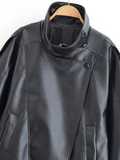 HH Autumn Faux Leather Jacket For Women Casual Solid Long Sleeve Zipper Pu Leather Coats New Fashion Female Streetwear