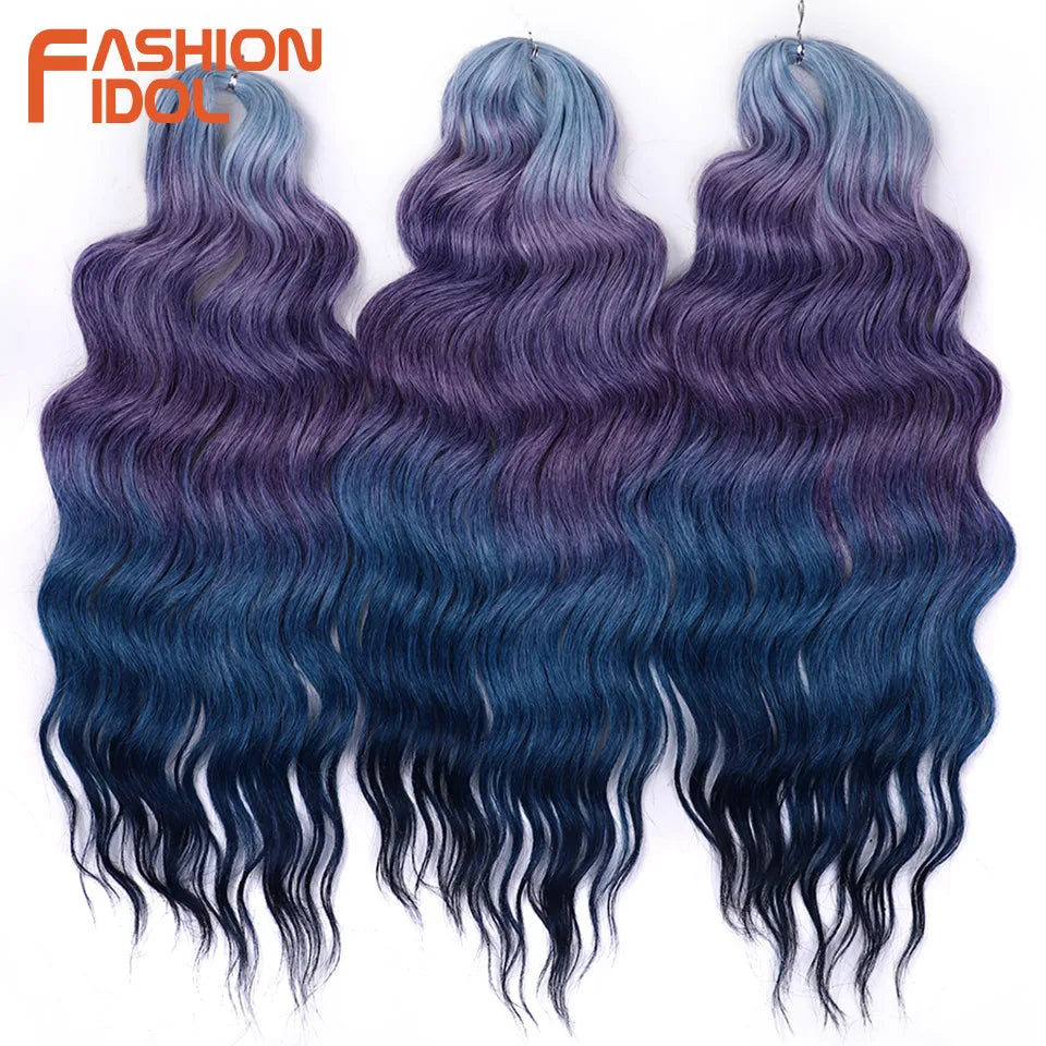 FASHION IDOL 24Inch Crochet Hair Synthetic Water Wave Braiding Hair Extensions Ombre Rainbow color Fake Hair Deep Wave Curl Hair