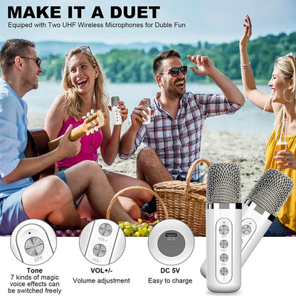 Karaoke Machine With 2 Wireless Dual Microphones Portable Boombox AUX TF Card U Disk Player Voice Changer For Party