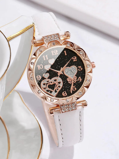 4pcs/set Women's Shiny Rhinestone Quartz Watch Analog PU Leather Wrist Watch  Faux Pearl Jewelry Set Girls Gift（Without Box）