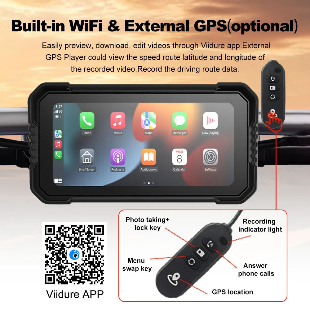 BEPOCAM 5"/6.25" Motorcycle GPS Navigation DVR Carplay Screen for Moto Dual Cameras Drive Recorder IPX7 Waterproof Moto Monitor