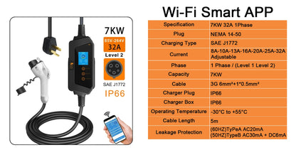 feyree Type1 Portable EV Charger 7KW 32A 1Phase J1772 Socket with 5m Cable Smart APP WIFI Control Version for Electric Vehicle